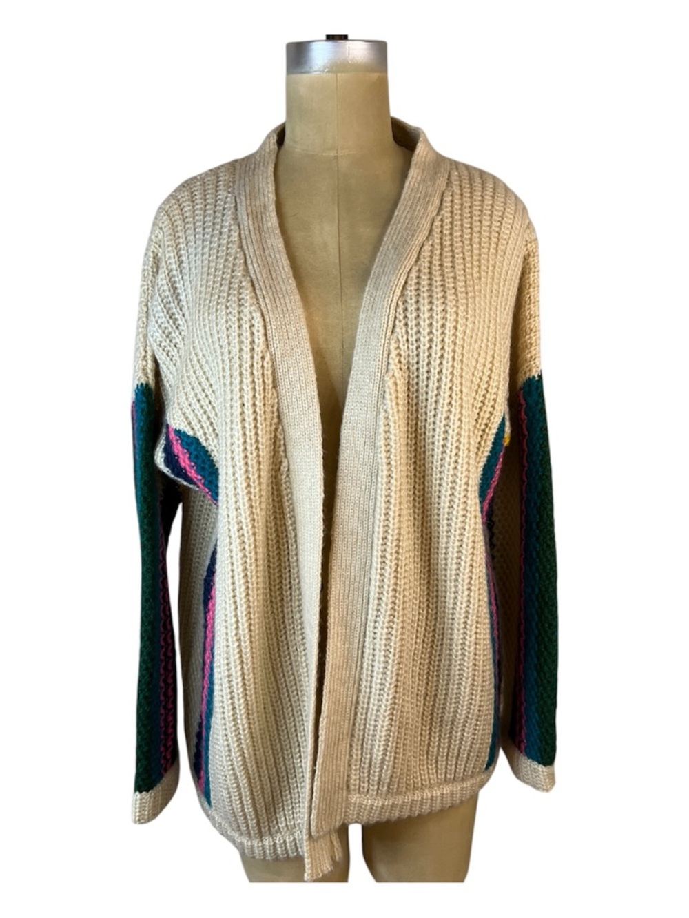 UNIF Cream Chunky Knit Mohair Open -Front Cardigan with Teal and Pink Sl stripes